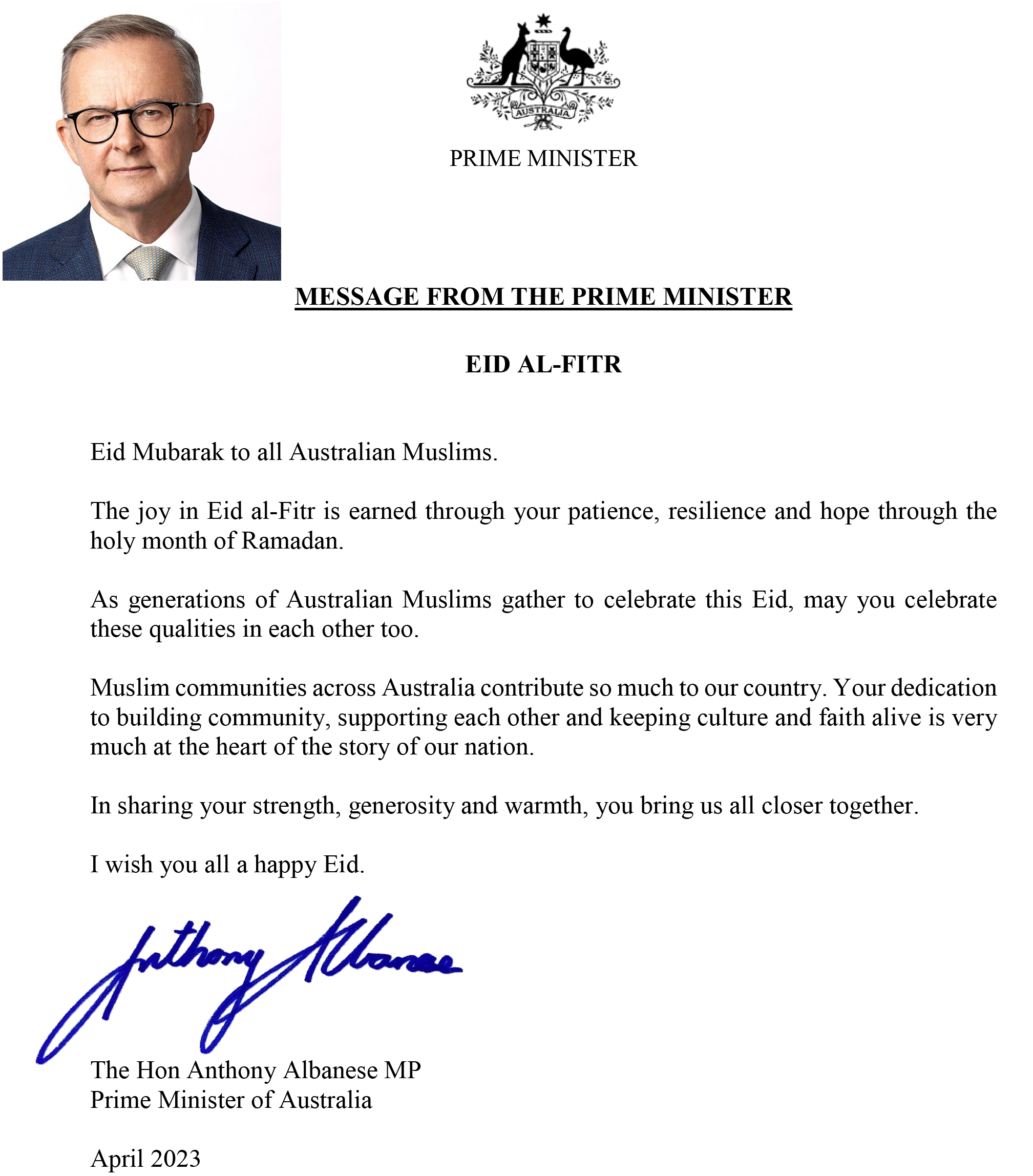 MESSAGE FROM THE PRIME MINISTER 